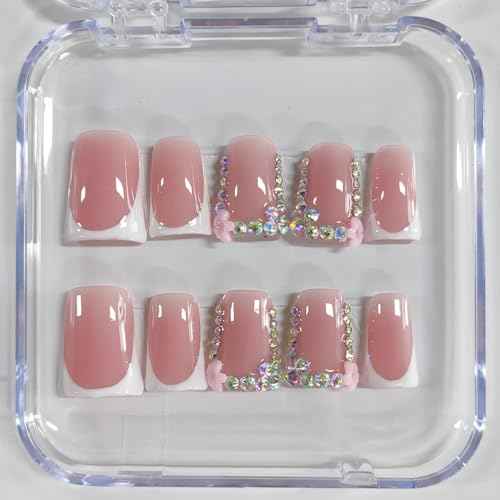 Handmade Press on Nails Short Duck White French Tip Thick Acrylic Fake Nails 3D Floral False Nails with Rhinestones Pink Flower Designs Elegant Sturdy Nail Art Press on Nails 10Pcs(S)