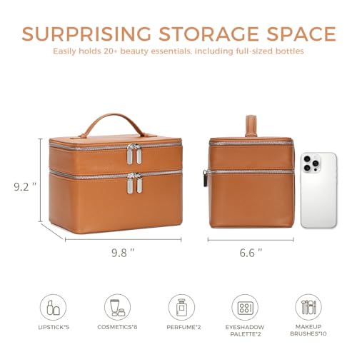 Double Layer Makeup Vanity Case, Large Capacity Cosmetic Bag with Removable Divider & Brush Organizer, Travel Toiletry Bag for Women, Portable PU Leather Organizer with Handle