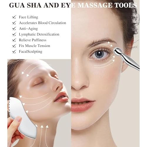 Gua Sha Facial Tools, 3 in 1 Stainless Steel Metal Guasha & Eye Cream Applicator Facial Sculpting Tool Set Eye Massager Lymphatic Drainage for Face Neck (Plastic Box 3, Count, 3)