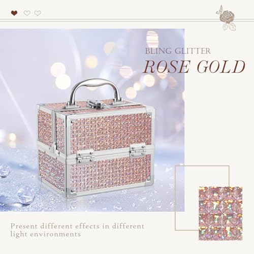 Costravio Makeup Box with Mirror, Makeup Organizer Case Train Case for Girls Women Kids Make up Box Makeup Case Organizer with Lock and Key Storage Vanity for Polishes Cosmetic Jewelry, Shiny Pink