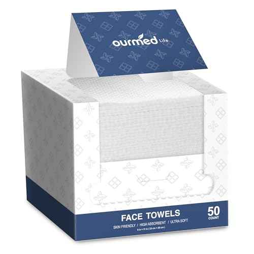 Ourmed Life Face Towels, 11"¡¿9" Disposable Face Towel ? Ultra-Soft, Thickened Facial Towelettes, Lint-Free Dry Wipes for Sensitive Skin, Ideal for Makeup Removal & Skincare (50 Count, 1 Pack)