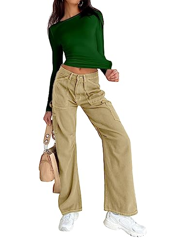 Abardsion Women's Casual Basic Going Out Crop Tops Slim Fit Long Sleeve Crew Neck Tight T Shirts (Dark Green, S)