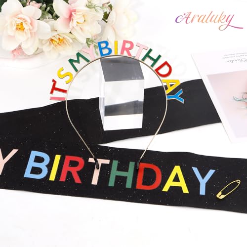 Araluky Birthday Crowns for Women: Headband & Sash with 'It's My Birthday' for Celebrations