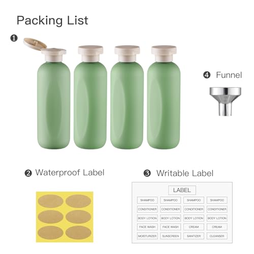 Owlyee 200ml (6.7oz) Refillable Shampoo Bottles 4 Pack with Green Flip Cap