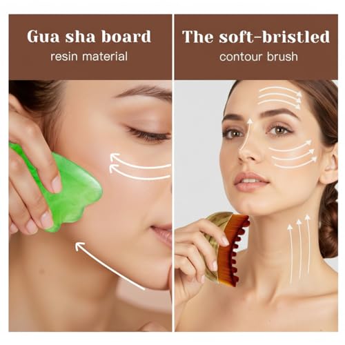 2PCS Lymphatic Contour Face Brush with Gua Sha Tool, Dry Brushing Lymphatic Drainage Massager for Face Chin & Jawline Sculpting (2PCS Contour Brush with 1PCS Guasha Tool)