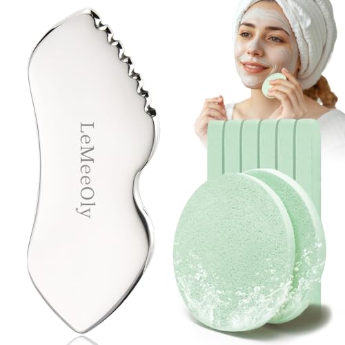 Gua Sha Facial Tools Stainless Steel & Compressed Facial Sponges, Detail Metal GuaSha and Natural Spa Sponges for Facial Cleansing Skin Care£¬Guasha Stone Face Sculpting Tool