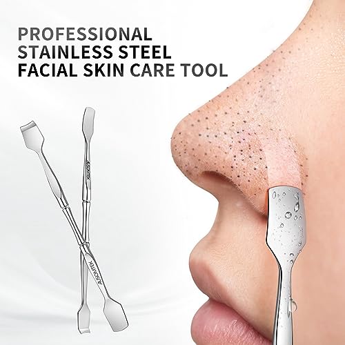 Blackhead Remover Tool, Pore Cleaner & Comedone Extractor Face Spatula, Professional Stainless Steel Whitehead & Pimple Extractor Tool for Facial Skin Care with Cyan PU Case