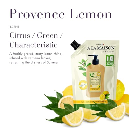A LA MAISON French Liquid Hand Soap RefilL - Natural Hand Wash Made with Essential Oils - Biodegradable, Plant-Based, Vegan, Cruelty-Free (33.8 Fl Oz Pouch, 2 Pack, Provence Lemon)