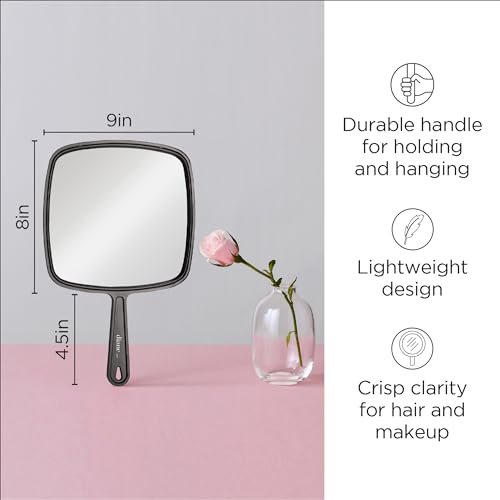 Diane Professional Quality Hand Held Mirror with Handle, Single Sided Vanity Makeup Mirror for Women, Men, Salon, Barber, Shaving, and Travel, Large 9" x 12.75" in Black