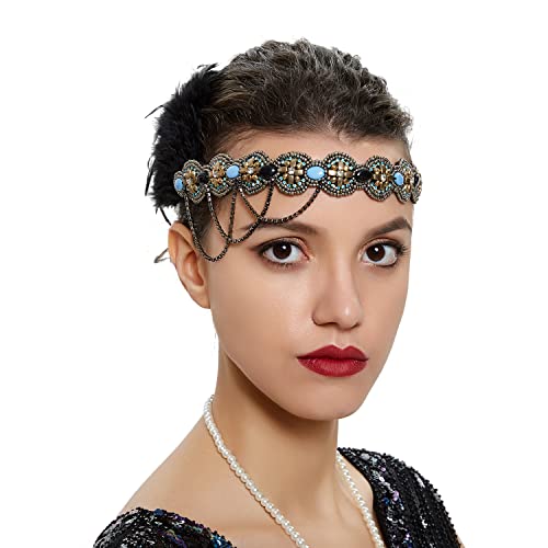 Bubbmi 1920s Flapper Girls Headband Black Feather Headpiece, Great Gatsby Hairband with Rhinestone, Costume Accessories for Women Showgirl Parties (HD6017black)