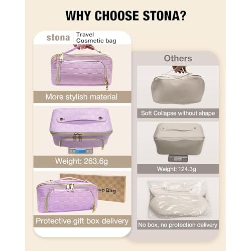 Travel Makeup Bag for Women, Large Capacity PU Leather Waterproof Checkered Cosmetic Bags, Portable Pouch Open Flat Toiletry Bag, Make up Organizer with Divider and Handle, Purple