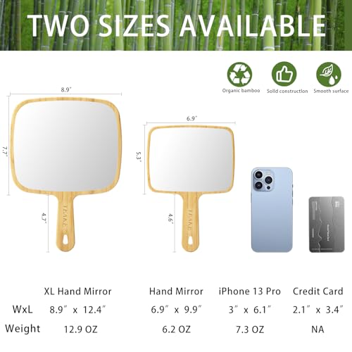 Natural Bamboo Hand Mirror with Handle - 6.9" x 9.9" Portable