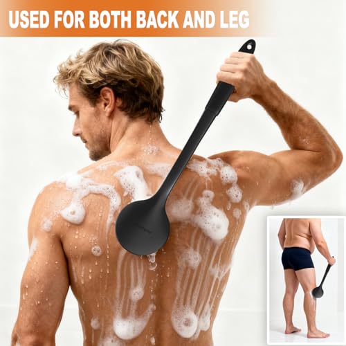 Long Handle Shower Back Scrubber,15.75 Inch Ergonomic Curved Brush with 3 Replaceable Heads with Soft and Firm Bristles,Silicone Handle for Easy Back Cleaning and Exfoliation,Bath Body Brush,Black
