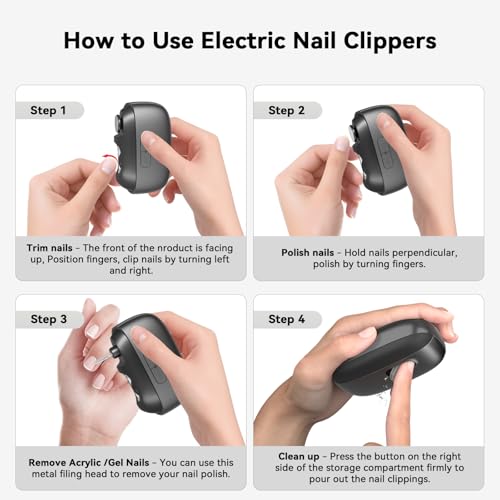 Electric Nail Clipper Fingernail Trimmer: 3-in-1 Automatic Nail Polisher with LED Light, Clip Storage, 2-Speed, Rechargeable Smart Nails Cutter Easy to Use for Seniors, Baby, Adult, Kids, Black