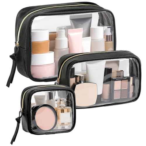 Vorspack Travel Makeup Bag - 3 Pack Travel Toiletry Bag for Women Clear Cosmetic Bag Makeup Organizer Zipper Pouch for Travel Essentials Storage - Black