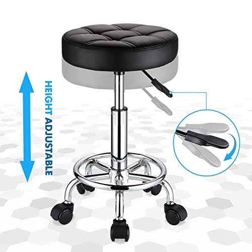 Height Adjustable Rolling Stool with Wheels - PU Leather