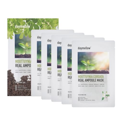 daymellow Sheet Mask 5PACK, Houttuynia Cordata Real Ampoule Masks, Face Sheet Mask, Heartleaf, Panthenol, Tea Tree, Hydrating, Acne, Soothes, Redness, Deep Moisturizing, Korean Skincare