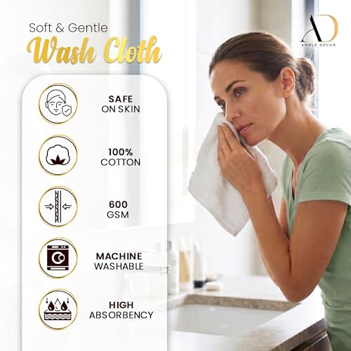 Ample Decor 100% Cotton Washcloths 12x12 Inch, 600 GSM, Set of 5