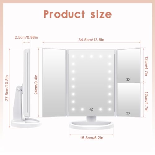 WEILY Makeup Vanity Mirror with 21 LED Lights and Touch Screen, Tri-Fold 1x 2X 3X Magnification,180¡Æ Adjustable Rotationand USB Powered,Countertop Cosmetic Makeup Mirror (White)