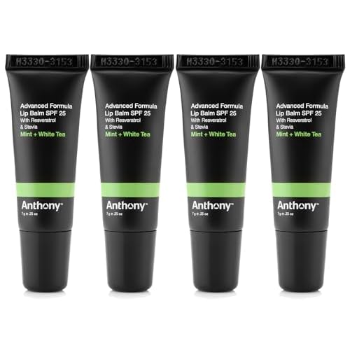 Anthony SPF 25 Lip Balm with Sunscreen for Lips 4-Pack, Contains Green Tea Extract Shea Butter and Vitamin E Moisturizing Repair Treatment for Chapped and Dry Lips Hydrates Protects and Nourishes Lips