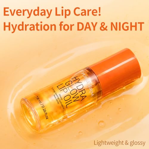Purederm Hydra Glow Lip Oil, Clear Non-Sticky Lip Gloss, Hydrating Lip Care for Dry Lips, Day & Overnight Use (0.26 fl oz)