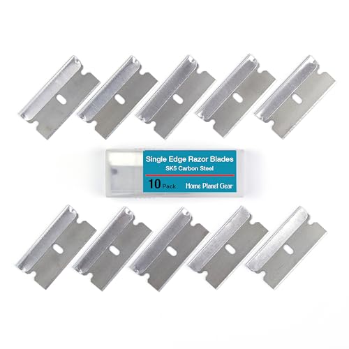 Single Edge Razor Blade 10 Pack - Straight Edge Razor - Ten Super Sharp Flat Blades in Convenient Storage Dispenser - Heavy Duty SK5 Oven Scraper Razor Tool Refills - Single Sided Blade - Easy Install