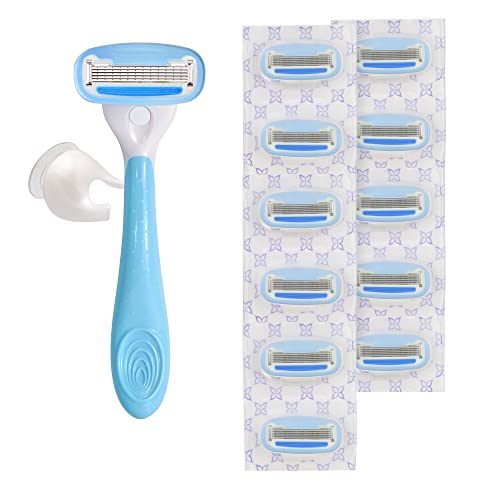 5-Blade Women's Razor Set with Handle, 12 Cartridges & Shower Hanger - Blue