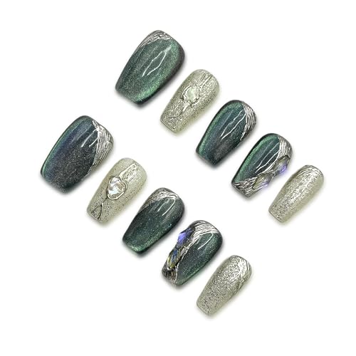 Yabonica Handmade Press On Nail Medium Short Coffin Lasting Soft Solid Fake Nail Tip Green Magnetic Cat Eyes Design Fast Glue on Nail Tips 10 pcs with Storage Box(008, L)