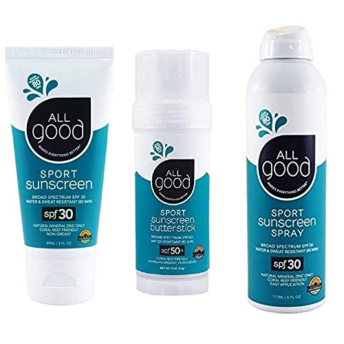 All Good Sport Mineral Sunscreen Combo Pack - SPF 50 Butter Stick, SPF 30 Lotion & Spray - Coral Reef Safe - Zinc Oxide