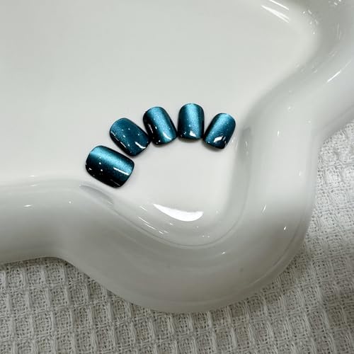 Extra Short Press on Nails Square Fall Fake Nails Blue Cat Eyes Nails Solid Color Designs Glossy Full Cover False Nails Cat Eyes Gel Nail Polish Acrylic Nails Stick on Nails for Women and Girls 24 Pcs