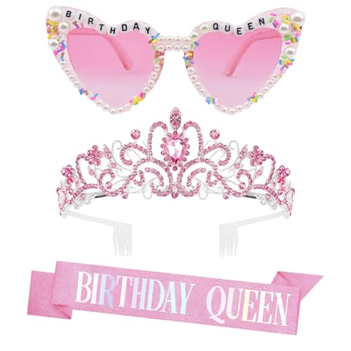 Birthday Queen 3-Piece Set: Crown, Sash & Pink Heart Glasses