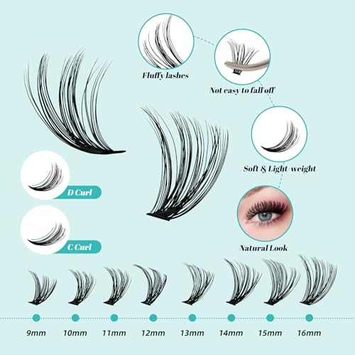 AMZGIRL LASH Clusters Kit 320Pcs, DIY Individual Extensions with Lash Bond and Seal, Remover For False Eyelashes, Applicator Tool Kit At Home(3040D,D-Mix9-16mm, Black