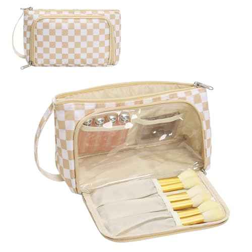 Checkered Makeup Bag Travel Cosmetic Toiletry Bag Make Up Bags with Makeup Brush Organizer Compartments for Women Girls