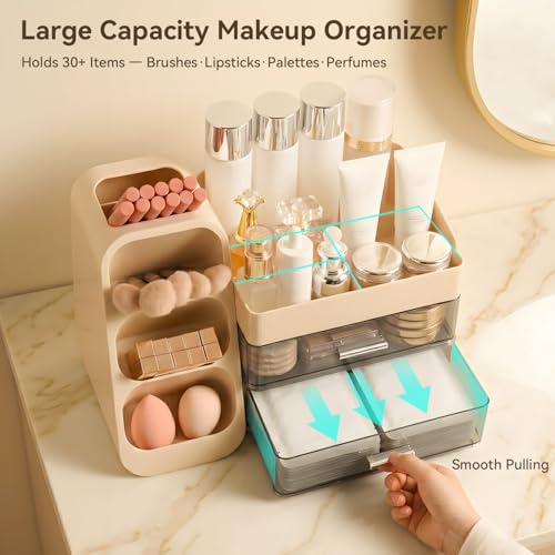 Large Makeup Organizer with Brush Holder & 2 Drawers - Cream