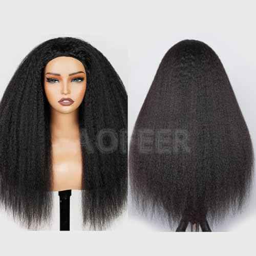 20 Inch Kinky Straight Glueless Wig 3 in 1 Half Wig with Elastic Drawstring Seamless Flip Over Yaki Straight Wear and Go Glueless Wigs Human Hair Drawstring Wigs for Women 200 Density