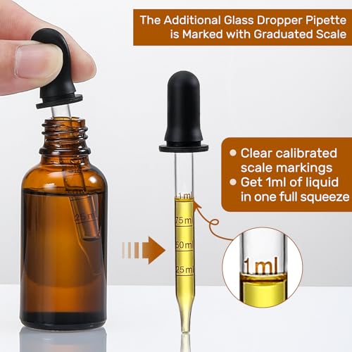 4 Pack 1oz Amber Glass Dropper Bottles - 30ml Dark Brown Tincture Bottles for Essential Oils