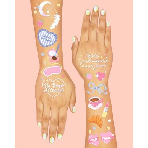 xo, Fetti Sleepover Temporary Tattoos - 72 Iridescent Foil Pcs | Birthday Decorations, Girls Pajama Night Accessory, Cute Kids Activity, Slumber Party Favor