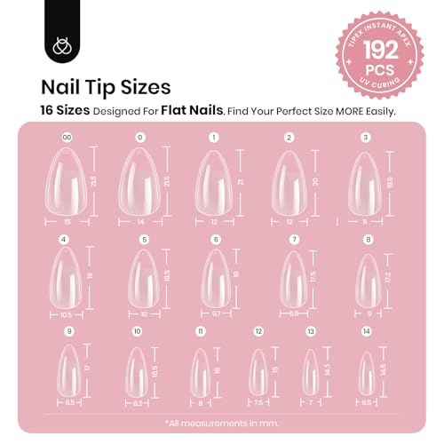 Beetles Tipex Instant Apex Nail Tips - Short Almond, 192 pcs, Clear, 16 Sizes