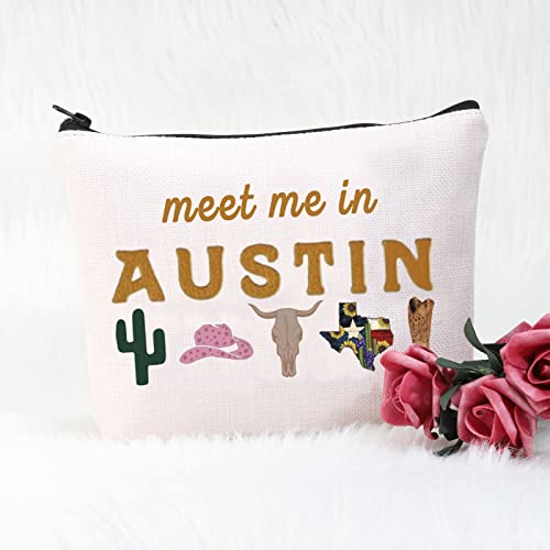 POFULL Austin Gifts Texas Bachelorette Party Makeup Bag Meet Me in Austin Travel Cosmetic Pouch