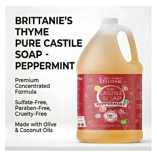 Brittanie's Pure Organic Castile Soap Refill, 1 Gallon Peppermint | Liquid Soap for Face, Body, Hands, Dishes, Pets, Laundry | Vegan, Non-GMO, Gluten-Free, Biodegradable | Made in USA