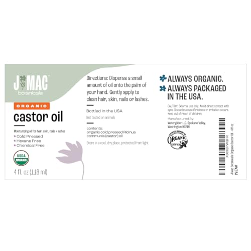 J MAC BOTANICALS Organic Castor Oil Cold Pressed (Glass Bottle, 4 oz, NO DROPPER), pure hexane free castor oil for face, skin, eyelashes