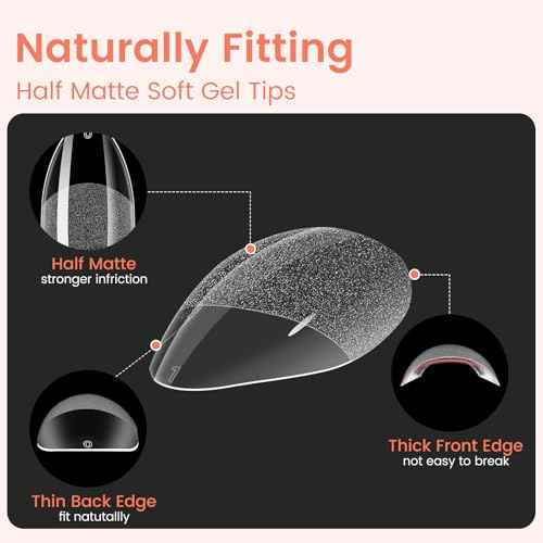 Quaferen Almond Nail Tips Short: 504pcs Pre-shape Acrylic Fake Nails Tips Almond Shape - 12 Sizes Soft Gel Full Cover Clear Gelly Press on False Tip for Nail Extension Salon Home