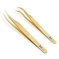 Lash Tweezers for Eyelash Extension, Hand Calibrated Dolphin-shaped and Curved Tip Eyelash Tweezers eyelash tweezers, False Lash Application Tools, Lash extension tweezers gold (Pack of 2, Gold)