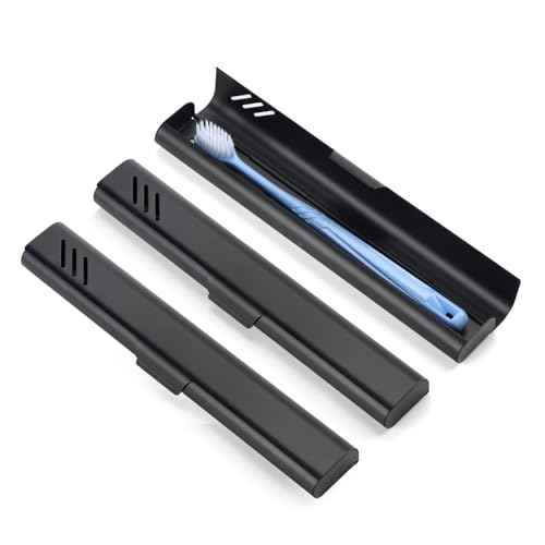 Travel Toothbrush Case, 2Pack Portable Toothbrush Holders, Durable Aluminum Toothbrush Storage Box, Small Breathable Manual Toothbrush Container for Traveling, Camping, Business Trip - Black