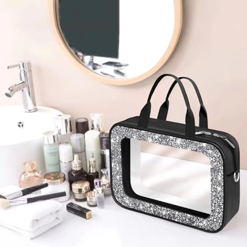 Meetart Clear Makeup Bag.Crushed Diamond Travel Toiletry Bag with Detachable Shoulder Strap.Transparent Cosmetic Bag for Travel, Bathroom Storage.(Black)