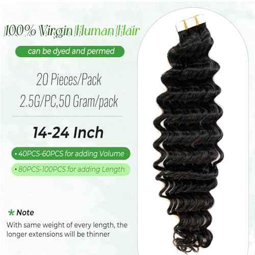 Tape in Hair Extensions Human Hair Deep Wave 26 Inch Black Hair Extensions Real Remy Human Hair Curly Tape ins for Black Women,20pcs Double Sided Invisible Tape Hair Extension 50g/pack