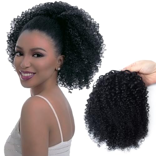VADES Curly Drawstring Ponytail Human Hair Extension Kinky Curly Hair Ponytail 100% Human Hair Fake Ponytail Clip in Ponytail Wig#1 Jet Black 10 inch With 3 Stable Combs