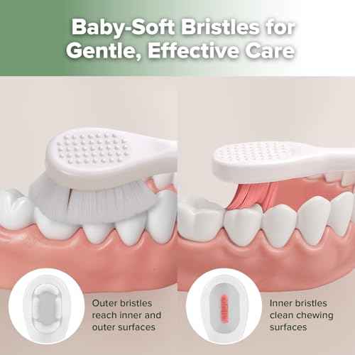 haakaa Dinosaur Toothbrush for Kids 2-4 ? Soft Bristles Baby Toothbrush with Silicone Handle, Non-Slip Grip & Tongue Cleaner | BPA-Free, Fun Training for Toddlers - Pink, 1 Count