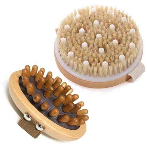 BoAn 2 Piece Shower Brush Set - Natural Wooden Massage Brush for Dry Skin, Lymphatic Drainage and Cellulite Care Body Brush for Exfoliating Body Scrubber and Cellulite Treatment