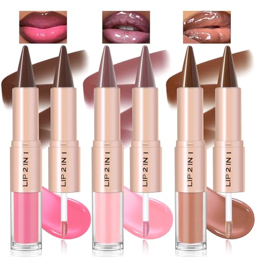 Noerrors 3-Piece Lip Combo Set with Liner & Gloss, Nude Brown & Pink
